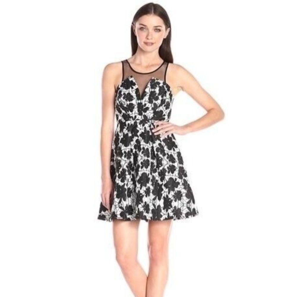 Bcbgeneration black and white floral printed fit and flare cocktail dress with i